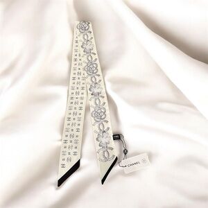 Chanel White & Black Camellia Flower Silk Scarf